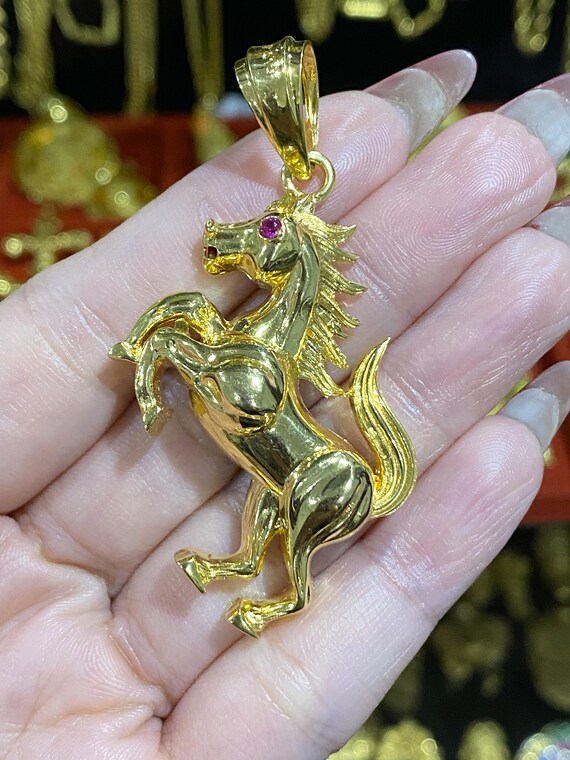 Vintage 15K 610 Solid Yellow Gold Ruby Horse Pend… - image 6