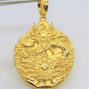 999 Pure 24k Gold Dragon Bagua Luck Vintage Pendant