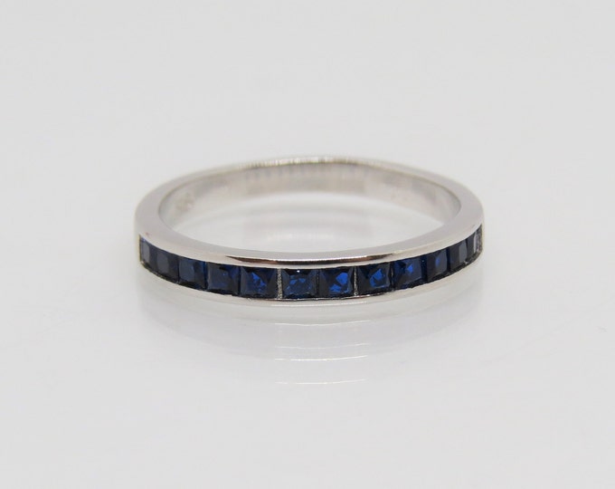 Sterling Silver Square cut Blue Sapphire Wedding Band Ring Size 8
