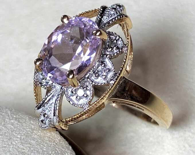 Vintage 14k Yellow, White Gold Pink Oval Kunzite Diamond Ring Size 6.5