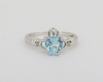 Vintage Claddagh Sterling Silver Aquamarine & White Topaz Ring Size 6