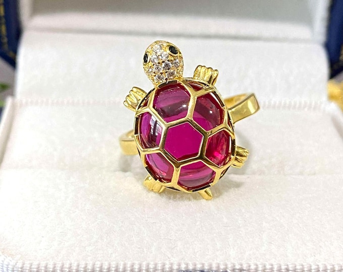 Vintage 15K 610 Solid Yellow Gold Ruby, White Topaz & Black Sapphire Eye's Turtle Ring Size 7