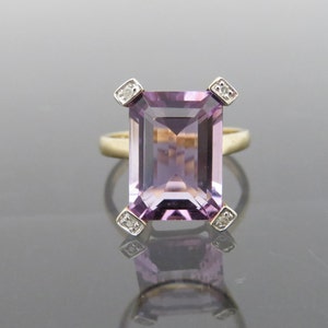Vintage 10K Solid Yellow Gold 6.38ct Natural Amethyst & Diamond Ring Size 6.5
