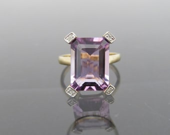 Vintage 10K Solid Yellow Gold 6.38ct Natural Amethyst & Diamond Ring Size 6.5