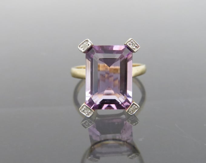 Vintage 10K Solid Yellow Gold 6.38ct Natural Amethyst & Diamond Ring Size 6.5