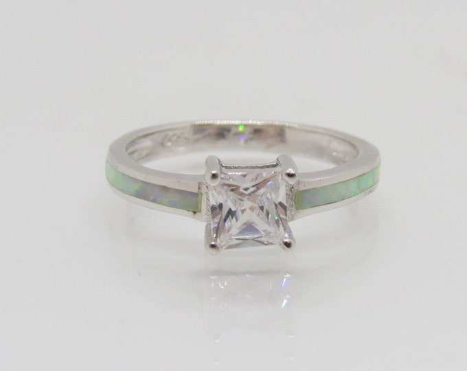 Sterling Silver Square cut White Topaz & White Opal Ring Size 7