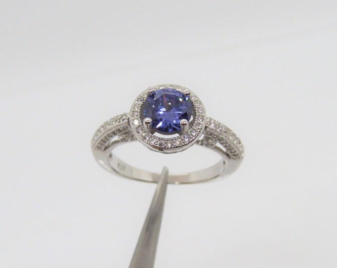 Vintage Sterling Silver Tanzanite & White Topaz Solitaire Ring Size 7