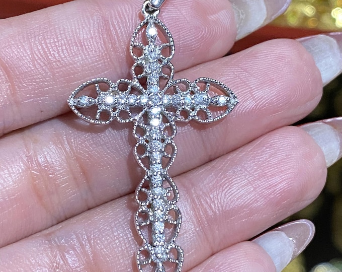 Vintage 14K Solid White Gold Diamond Cross Filigree Pendant.