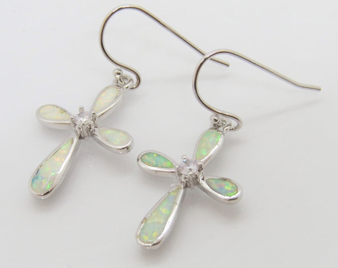 Vintage Sterling Silver White Opal & White Topaz Cross Dangle Earrings