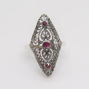 Vintage Sterling Silver Natural Ruby Filigree Long Ring Size 10