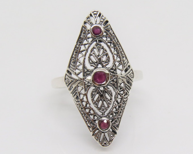 Vintage Sterling Silver Natural Ruby Filigree Long Ring Size 10