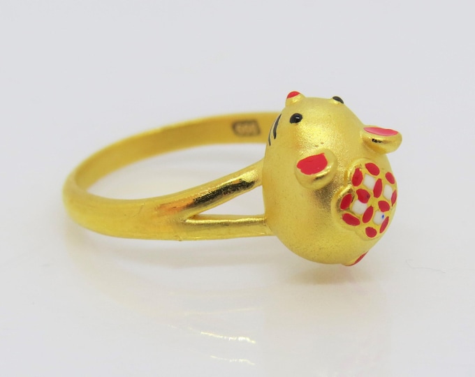 Vintage 24K 999 Gold 3D Red Enamel Rat Ring Size 6,7