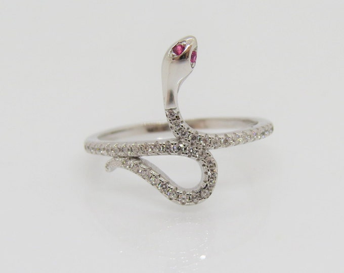 Vintage Sterling Silver Ruby & White Topaz Snake Ring Size 8
