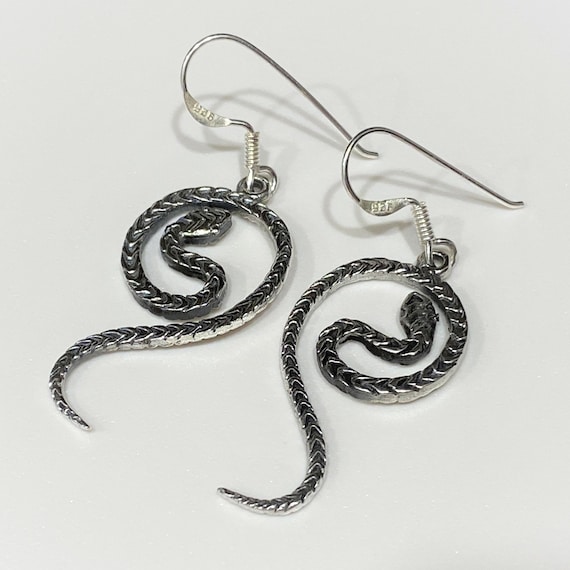 Vintage Sterling Silver Carved Snake Dangle Earrings.