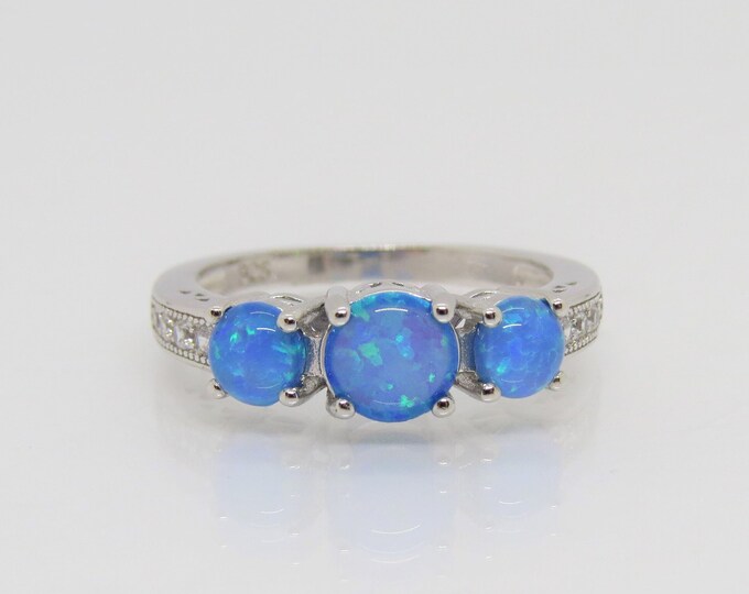 Vintage Sterling Silver Blue Opal & White Topaz Three Stones Ring Size 9