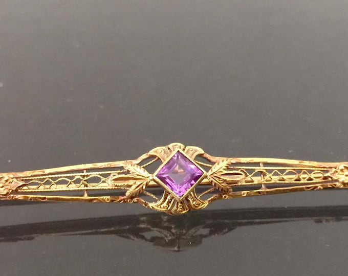 Antique Art Deco 14K Solid Yellow Gold Amethyst Filigree Pin Brooch
