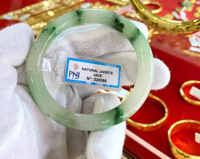 Vintage Translucent Natural Green, White Jadeite Jade Bangle Bracelet 55.1MM