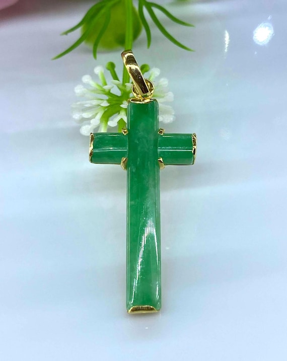 Vintage 14K Solid Yellow Gold Green Jadeite Jade Cross Pendant - Etsy