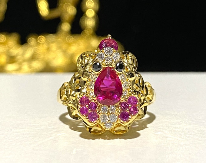 Vintage 15K 610 Solid Yellow Gold Ruby & White Topaz Frog Ring Size 8