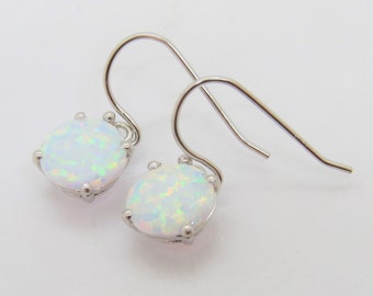 Vintage Sterling Silver Round cut White Opal Dangle Earrings