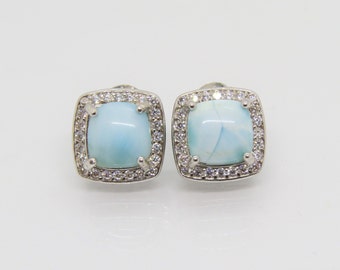 Vintage Sterling Silver Natural Larimar & White Topaz Halo Earrings