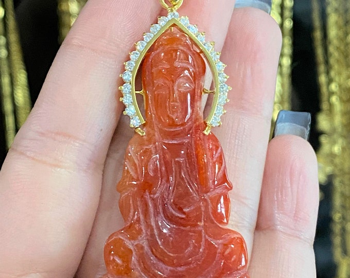 Vintage 18K Solid Yellow Gold Red Jade Jadeite Jade, White Topaz Kwan Yin Buddha Pendant Phat Ba Quan Am