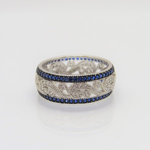 Vintage Sterling Silver Blue Sapphire & White Topaz Pave Band Ring