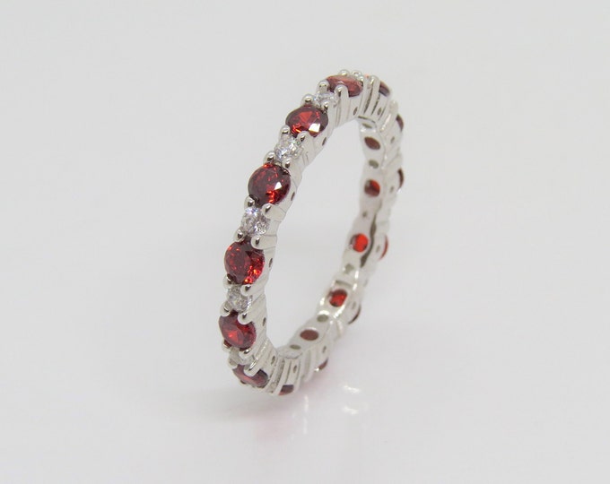 Sterling Silver Red Garnet & White Topaz Eternity Band Ring Size 11
