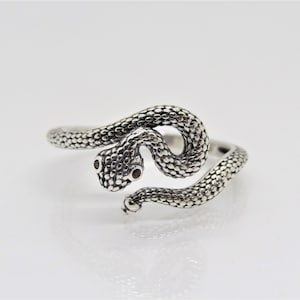 May include: A silver snake ring with red gemstone eyes. The snake is coiled around the ring band.