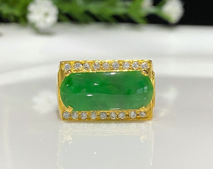 Vintage 15K 610 Solid Gold Natural Saddle Green Jadeite Jade White Topaz Ring Size 7
