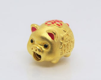 Vintage 24K Pure Gold 3D Lovely Enamel Pig Charm Bead Pendant Make for Bracelet