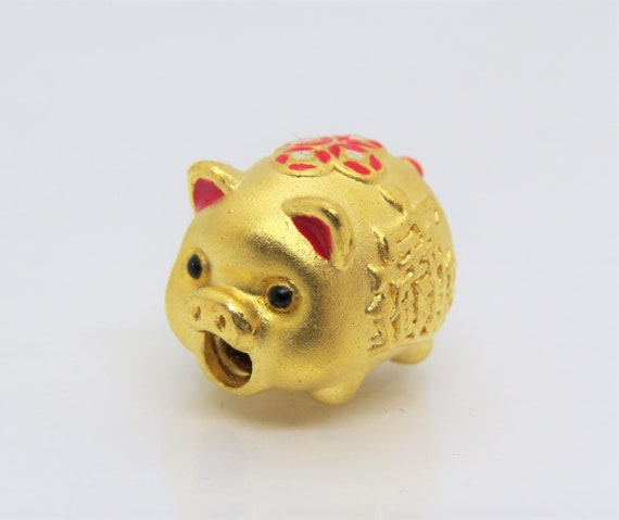 Vintage 999 Gold Enamel Pig Charm Bead: 3D Bracelet Pendant.