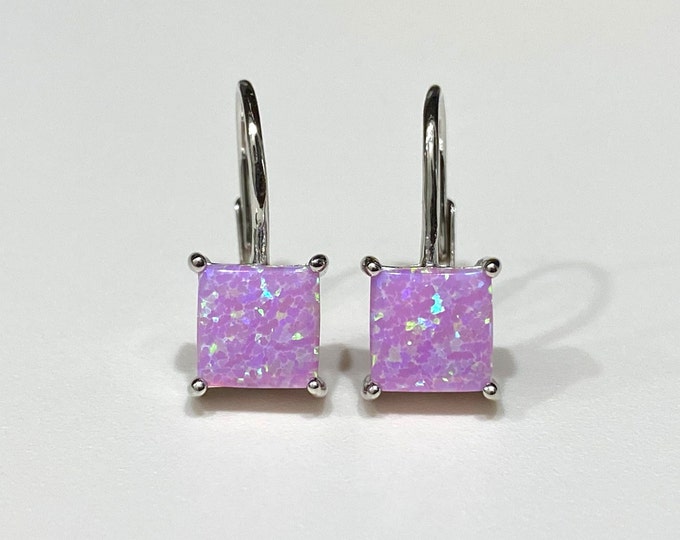 Vintage Sterling Silver Square Cut Pink Opal Earrings.