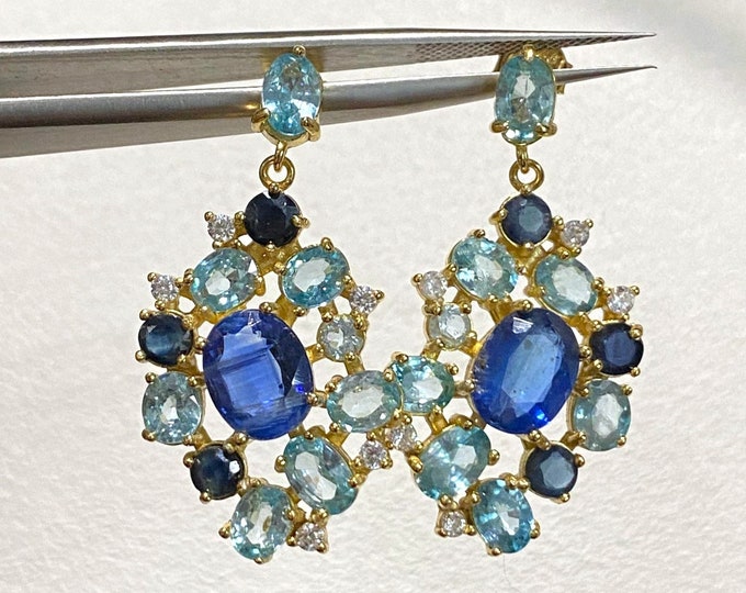 Vintage Sterling Silver Yellow Gold Plate Natural Blue Sapphire, Zircon & White Topaz Earrings.