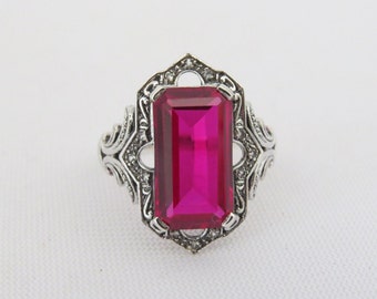 Vintage Sterling Silver White Topaz & Ruby Ring Size 8