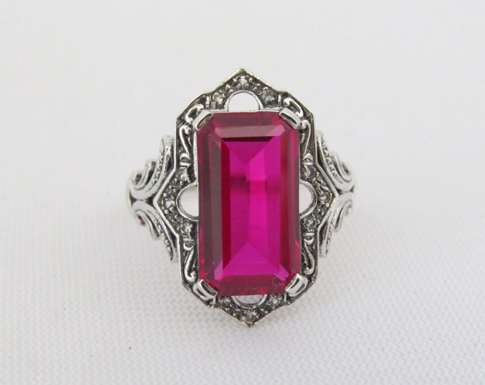 Vintage Sterling Silver White Topaz & Ruby Ring Size 8