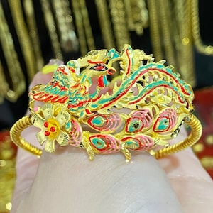 Vintage 24K 980 Pure Gold Enamel Peacock, Phoenix Bracelet 7&#39;&#39;