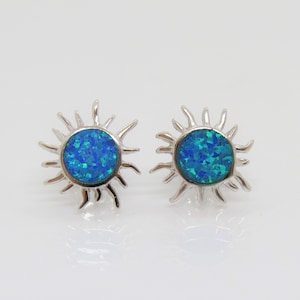 Vintage Sterling Silver Blue Opal Sun Stud Earrings