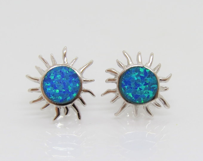Vintage Sterling Silver Blue Opal Sun Stud Earrings