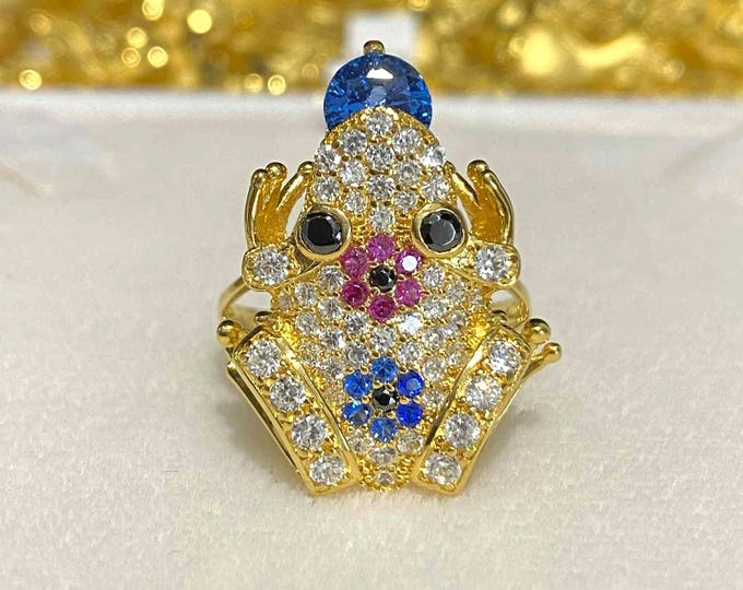 Vintage 15K Gold Frog Ring: Sapphire, Ruby, Topaz, Size 7 3/4.