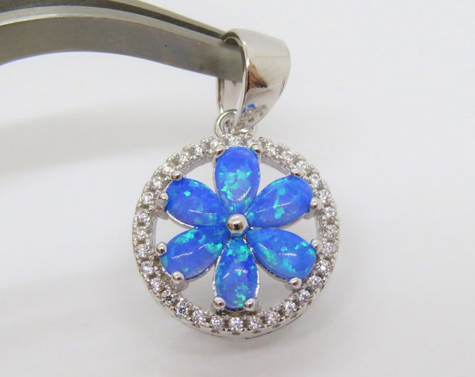 Vintage Sterling Silver Blue Opal & White Topaz Flower Pendant