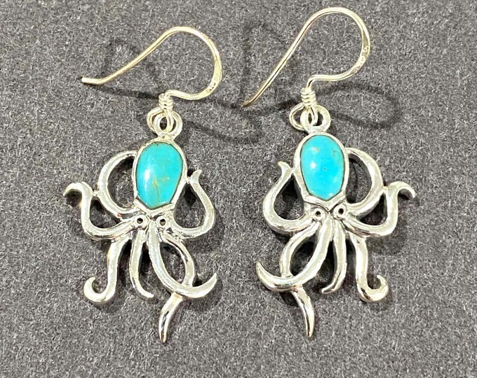 Sterling Silver Octopus Turquoise Dangle Earrings.