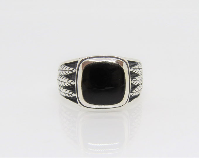 Sterling Silver Natural Black Onyx Unisex Ring.
