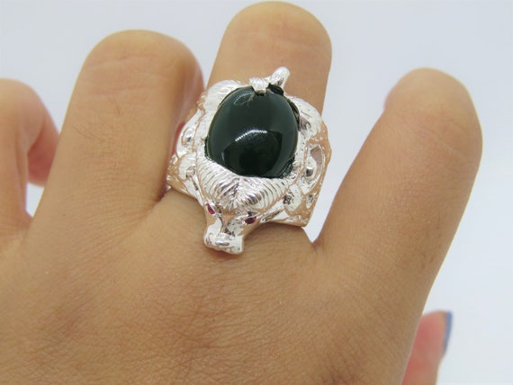 Vintage Sterling Silver Green Onyx Cabochon & Rub… - image 6