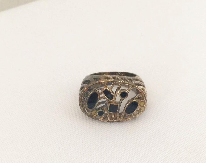 Vintage Sterling Silver Inlay Black Oynx Filigree Ring Size 7