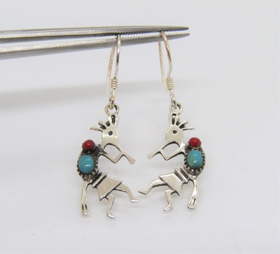 Vintage Sterling Silver Turquoise, Coral Kokopell… - image 1
