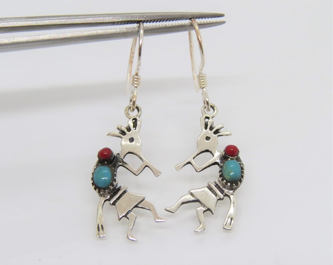 Vintage Sterling Silver Turquoise, Coral Kokopelli Dangle Earrings