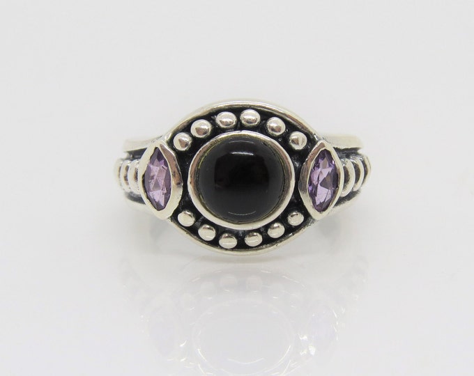 Vintage Sterling Silver Black Oynx & Amethyst Dome Ring Size 8.75