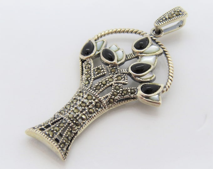 Vintage Sterling Silver Marcasite & Mother of Pearl Flower Basket Pendant