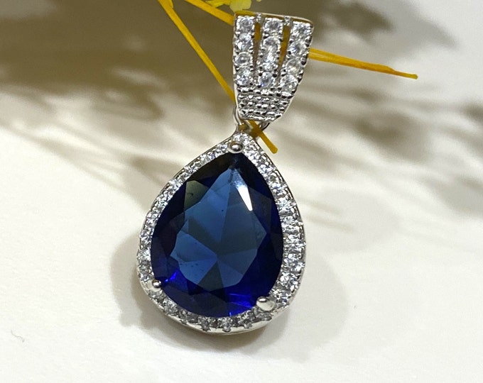 Vintage Sterling Silver Blue Sapphire & White Topaz Pendant.